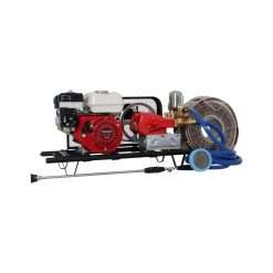 Fumigadora estacionaria Enermax FT-160-TS28 con motor Honda 5.5HP, vista lateral con manguera