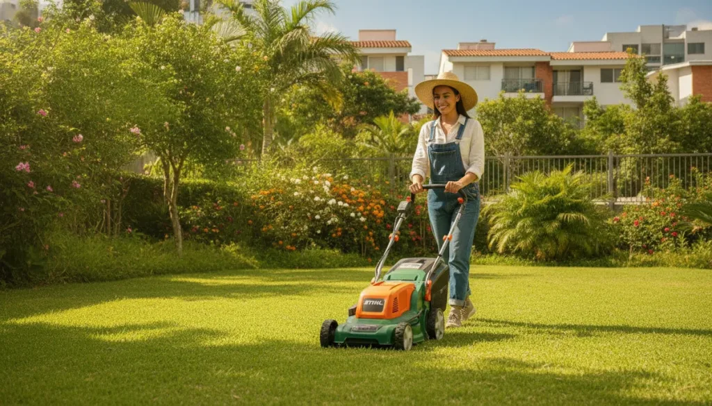 Una mujer joven sonriente, vestida con ropa casual pero adecuada para jardinería, utilizando una cortacésped a batería STIHL en un jardín residencial bien cuidado, con un sol brillante y vegetación exuberante de fondo en un entorno urbano. No hay texto en la imagen.